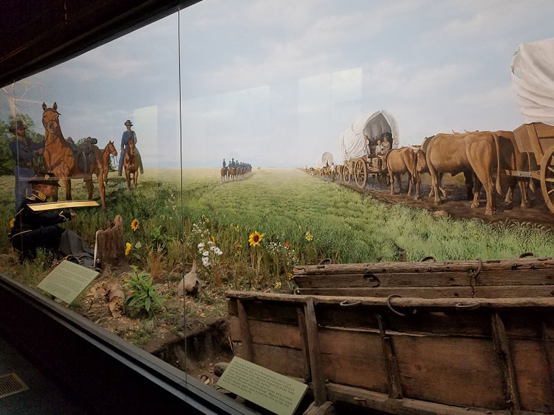 This diorama depicts Antebellum cavalry troopers escorting settlers along the Oregon trail.